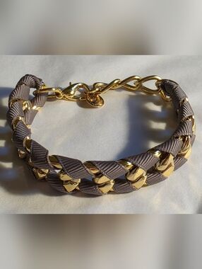 Skinny By Jessica Elliott Gold Chain and Taupe Ribbon Braided Bracelet